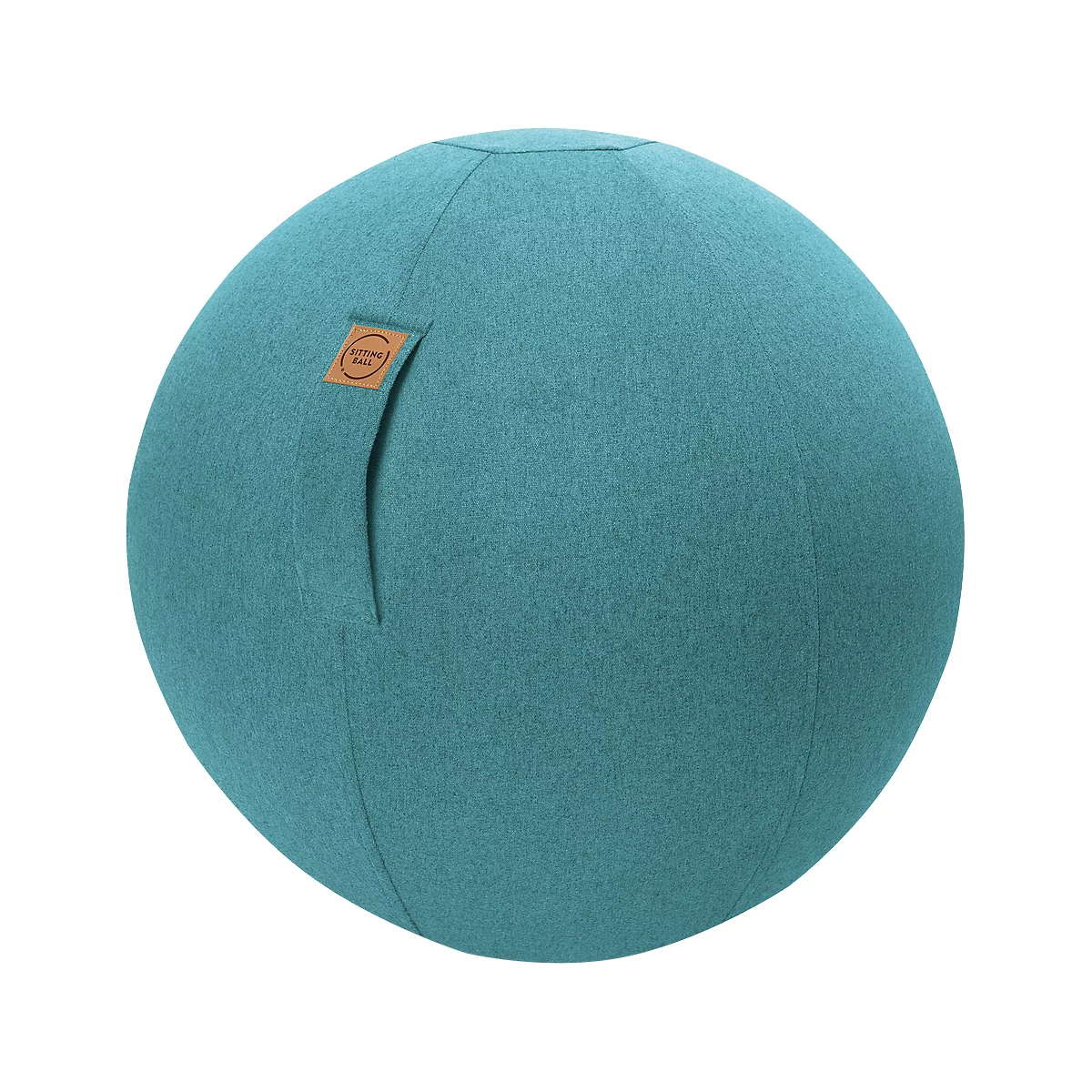 Teal fabric sitting ball with a small label. A name is written on the label.