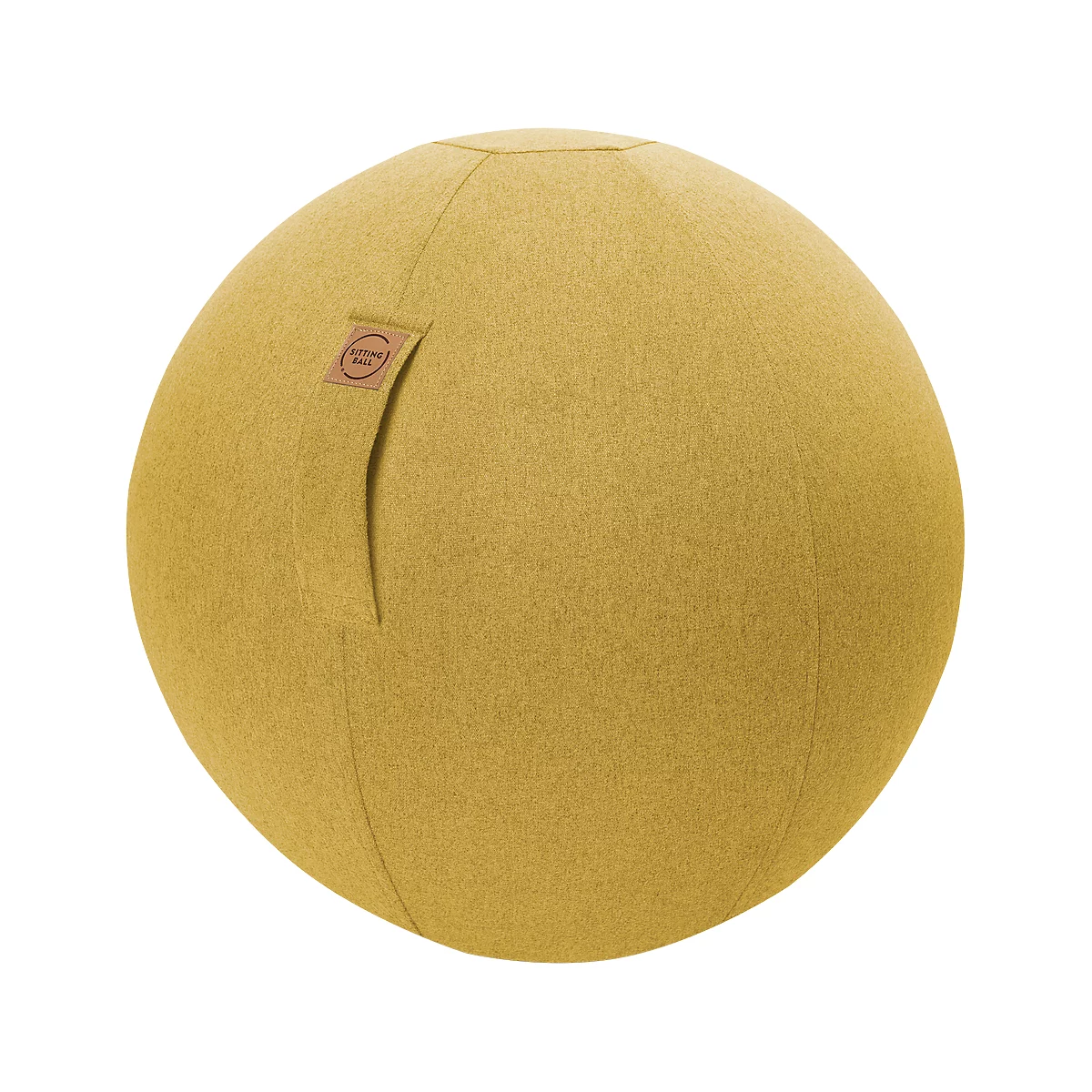 Mustard yellow sitting ball with a handle and a brand label. The material is soft and textured.