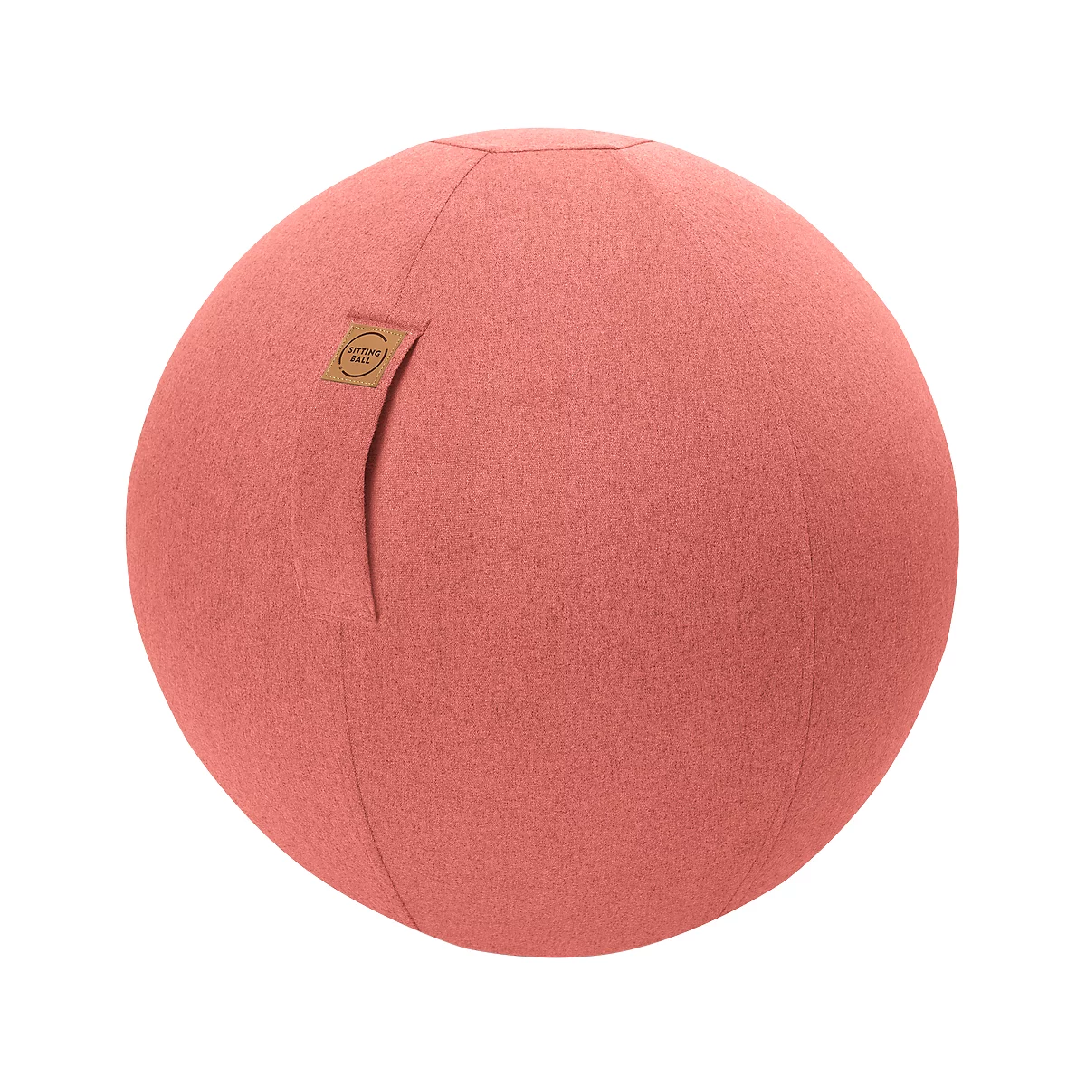 Round, coral-colored exercise ball. With label and side opening.