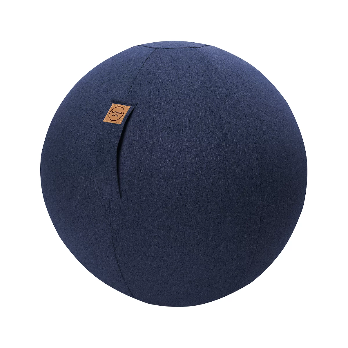 Dark blue sitting ball with brand logo. On the side a fabric tab for fixing. The surface is coarsely structured.