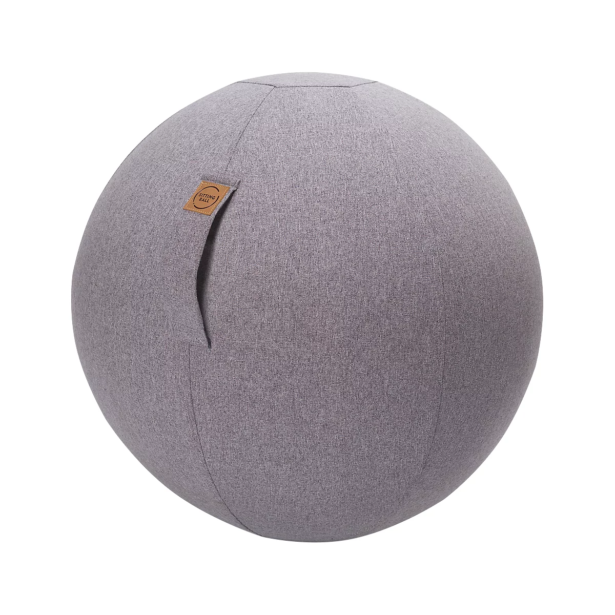 Gray fabric exercise ball with brown leather logo. A small slit on the side.