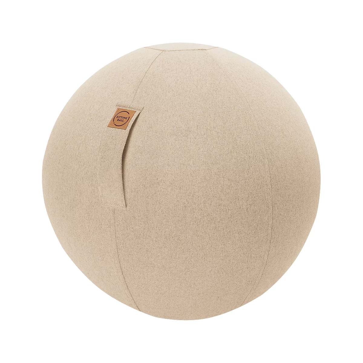 Beige exercise ball made of soft fabric with a brown leather label.