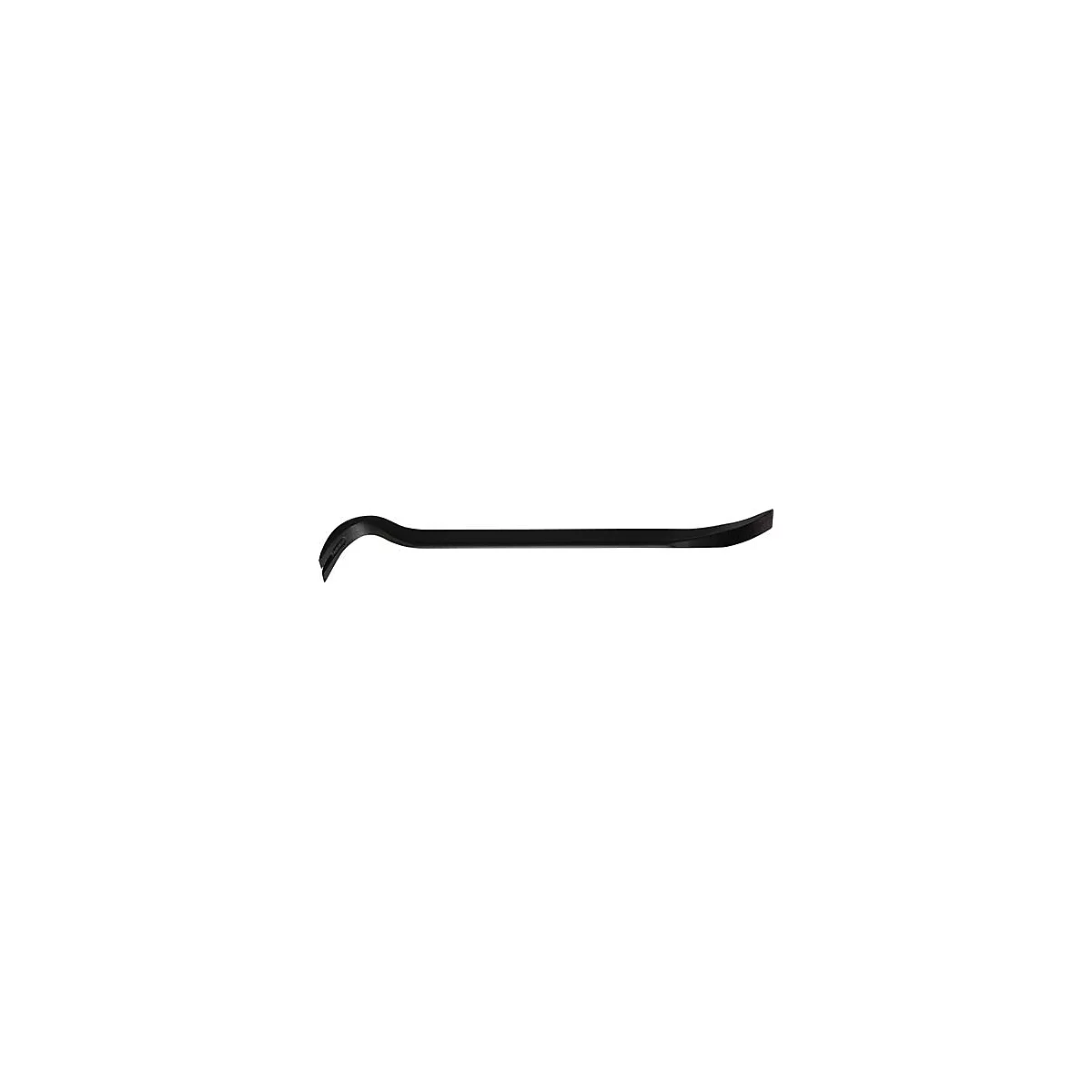 Un pied-de-biche noir est posé horizontalement sur un fond blanc. Il a une tête courbée et une tige plate et longue.