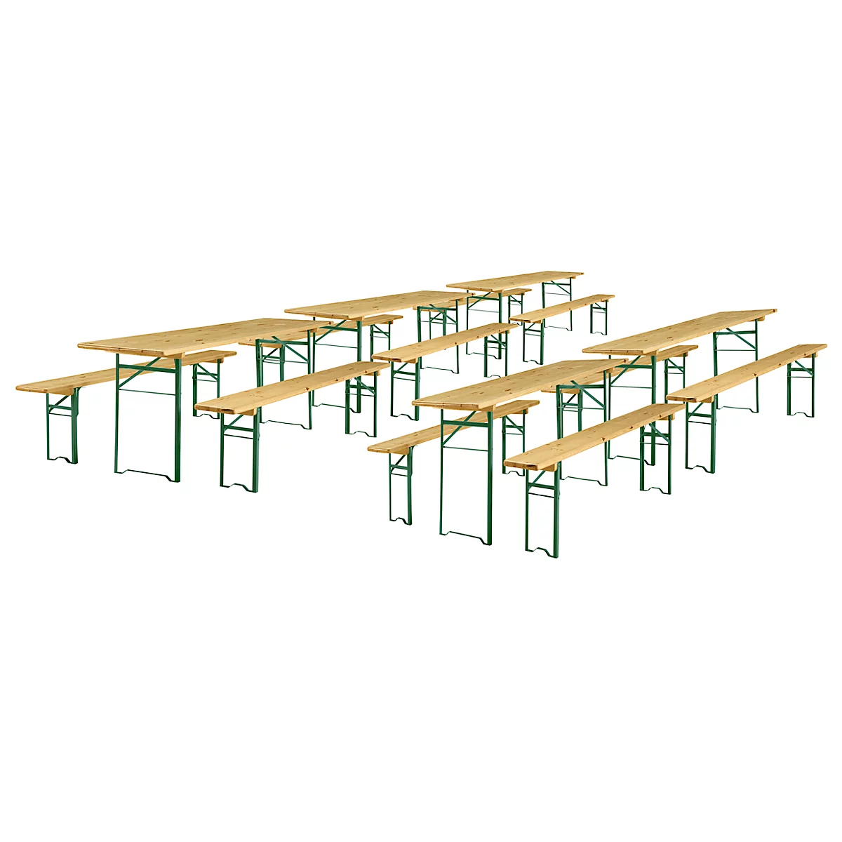 Mehrere Bierbänke und -tische, Holzplatten, grüne Metallbeine. Perspektivische Darstellung auf weißem Hintergrund.