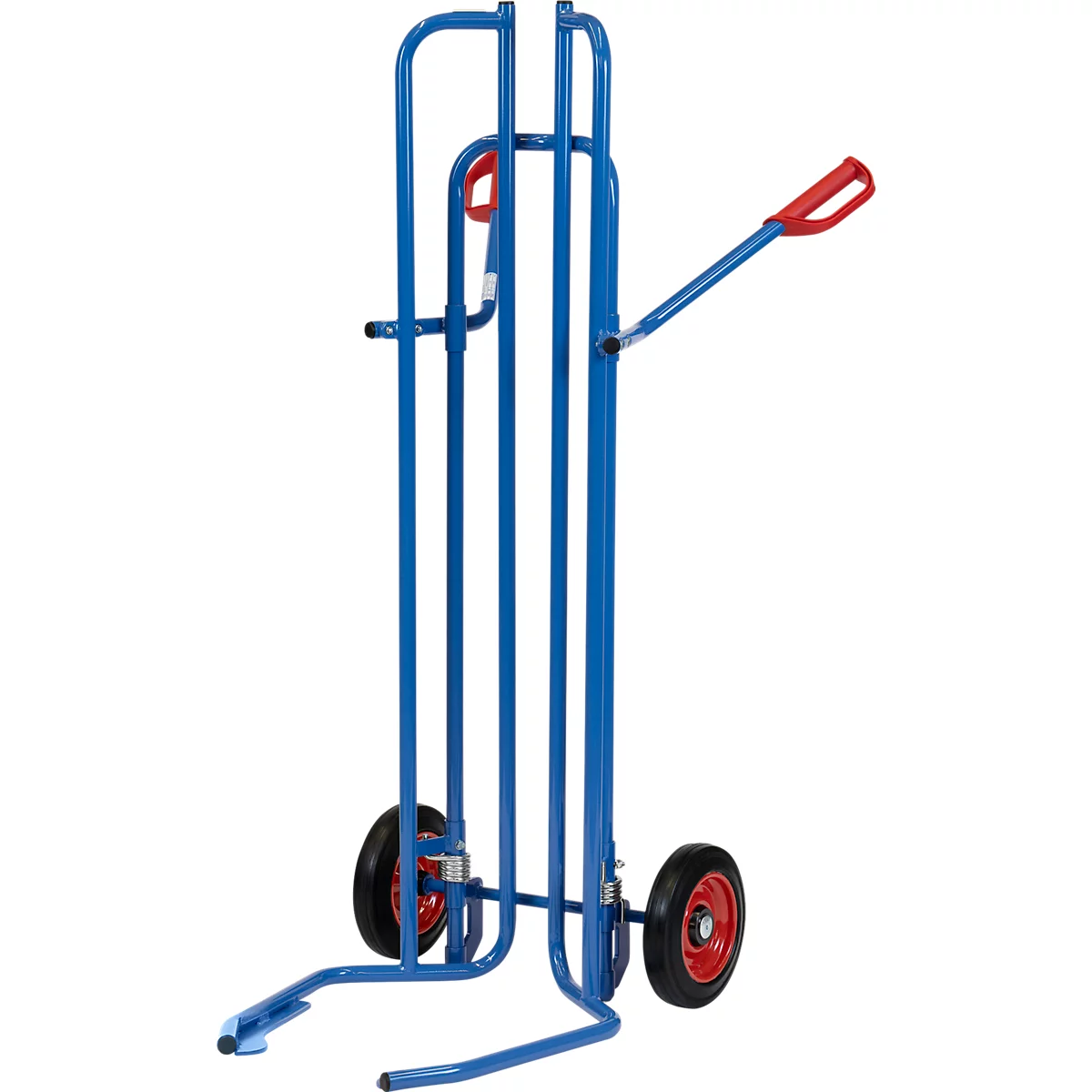 Blue metal sack truck with red handle and wheels. The device is shown in side view.