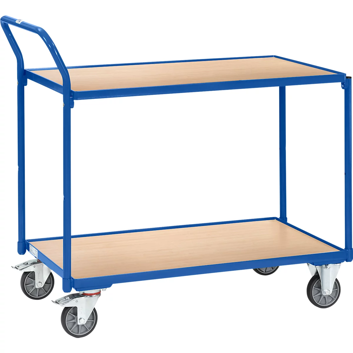 Blauwe transportwagen met twee houten planken en vier wielen. Een handgreep is aan de bovenkant bevestigd.