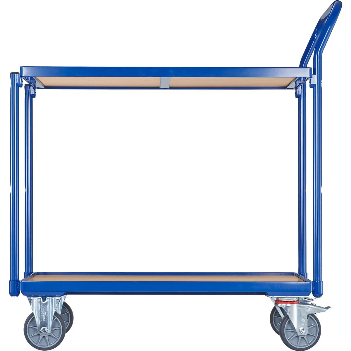 Fetra 2740 tafelwagen, 2 etages, L 850 x B 500 mm, tot 300 kg, 2 duwhandgrepen, zwenk- &amp; bokwielen, hout &amp; staal, glanzend blauw RAL 5007