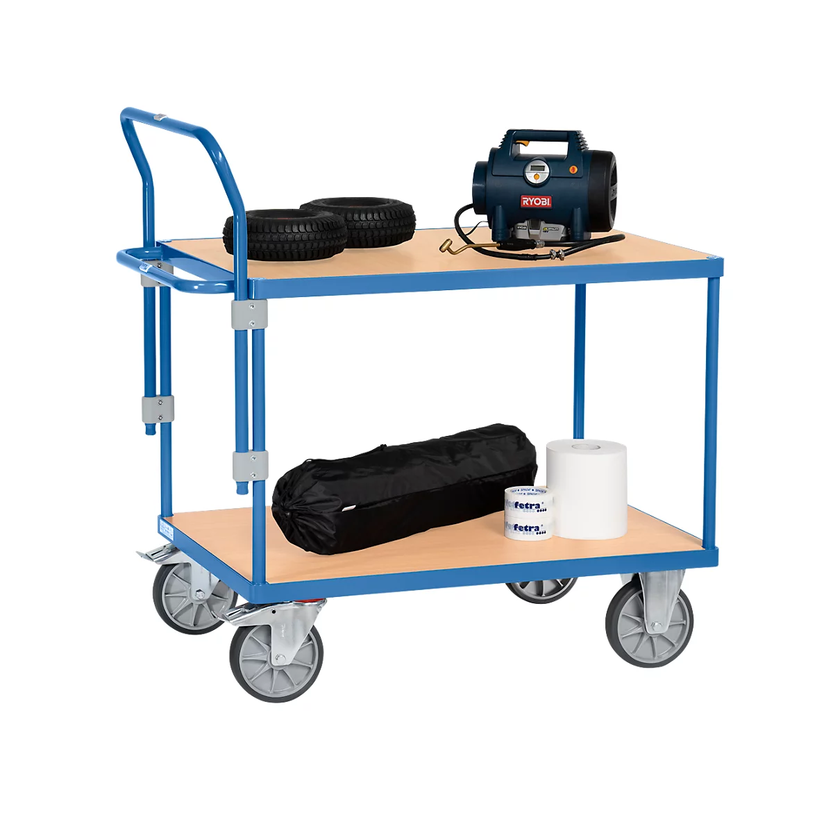 fetra Barre de poussée pour chariot de table lourd, acier, bleu, L 805 mm, à visser, réglable en hauteur