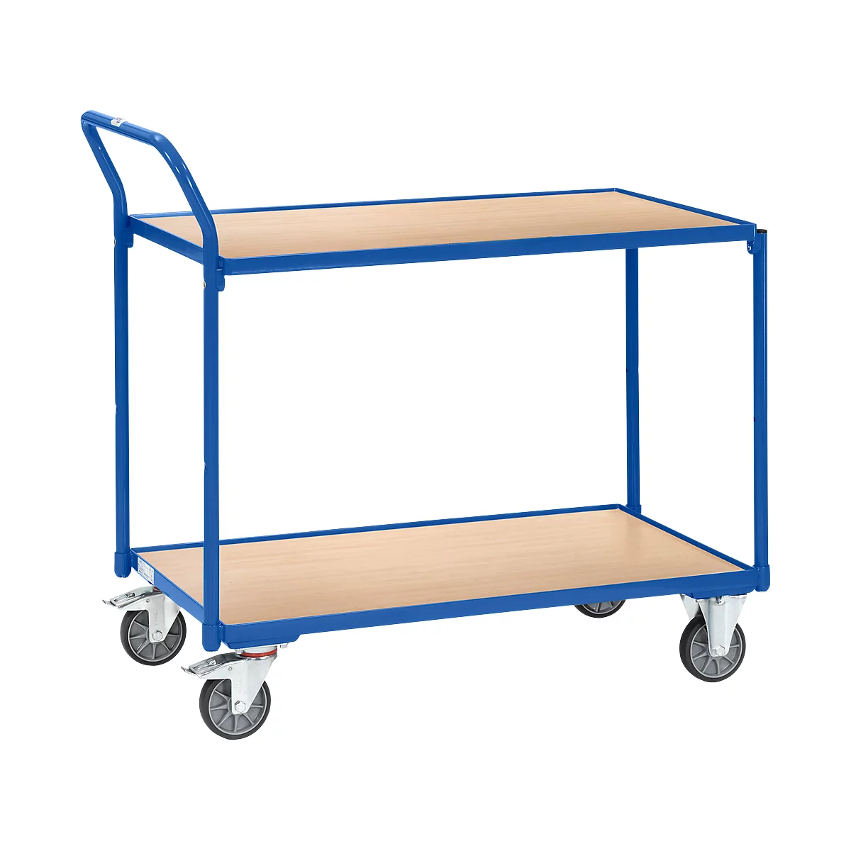Blue cart with two wooden shelves and wheels.