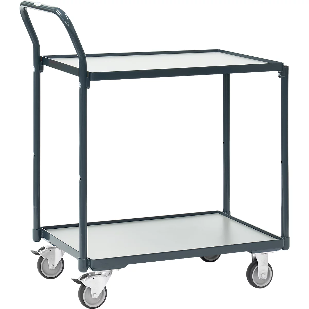 Servicewagen met twee planken en wielen, grijs frame en witte oppervlakken.