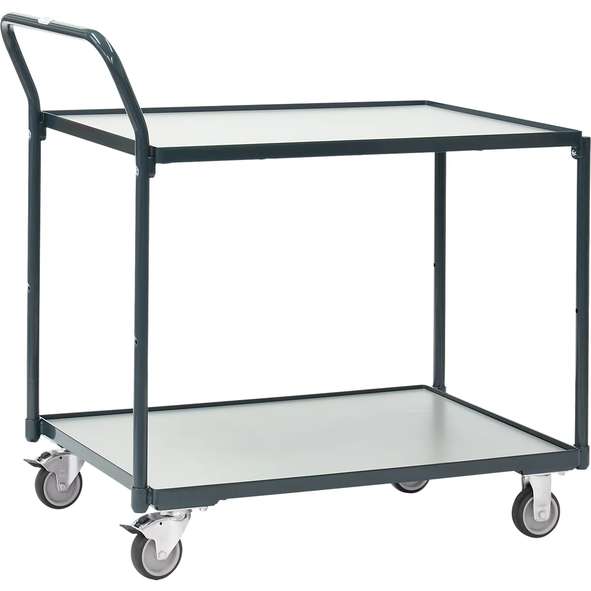 Een grijze transportwagen met twee niveaus en wielen.