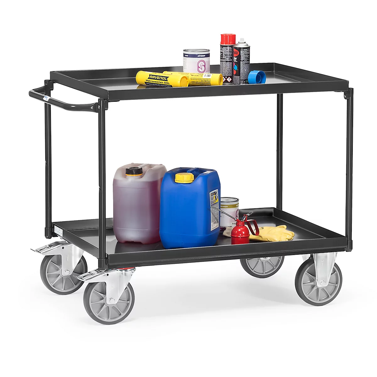fetra Tischwagen „Grey Edition“, Stahl, anthrazitgrau, mit Wannen, 2 Etagen, L 1171 x B 700 x H 910 mm, bis 400 kg