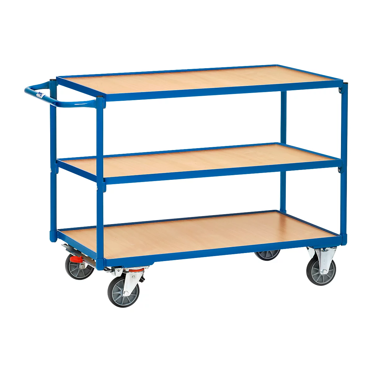 Chariot de service bleu à trois niveaux, planchers brun clair et roulettes. Une poignée est fixée d'un côté.