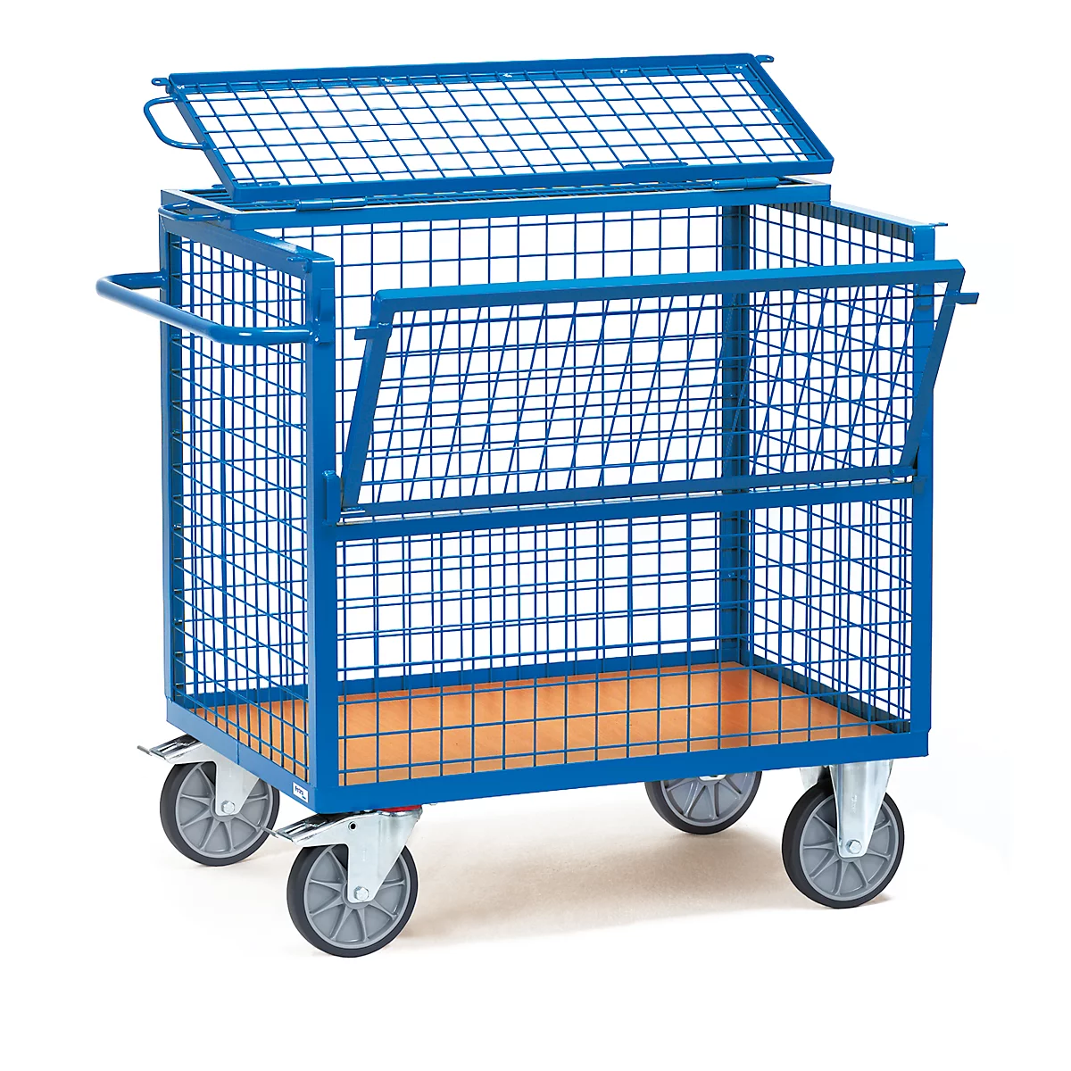 fetra Wire Box Trolley, acier, bleu, avec couvercle, L 1000 x l 700 x H 806 mm, jusqu'à 600 kg