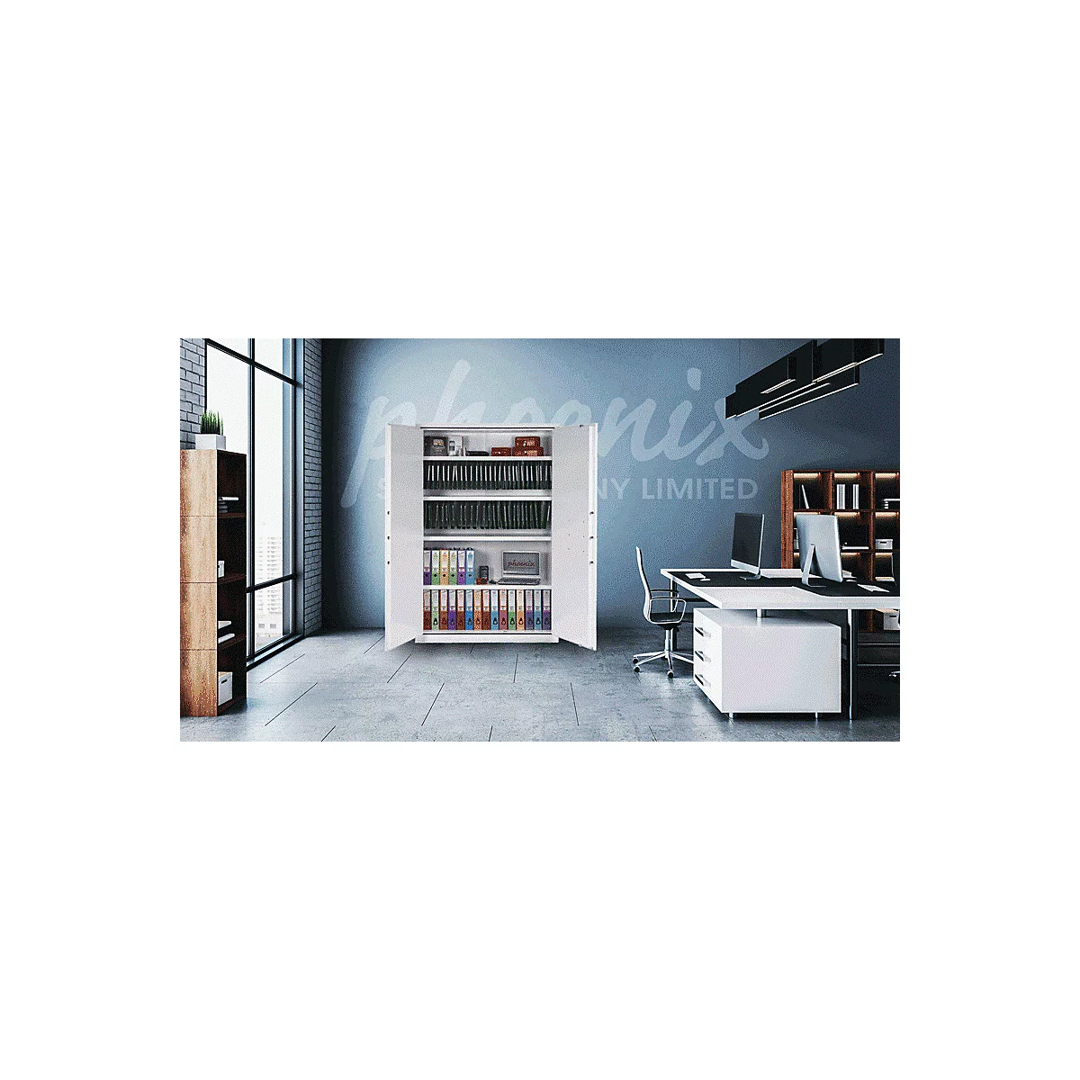 Weißer Metallschrank mit offenen Türen und Aktenordnern in einem modernen Büro.