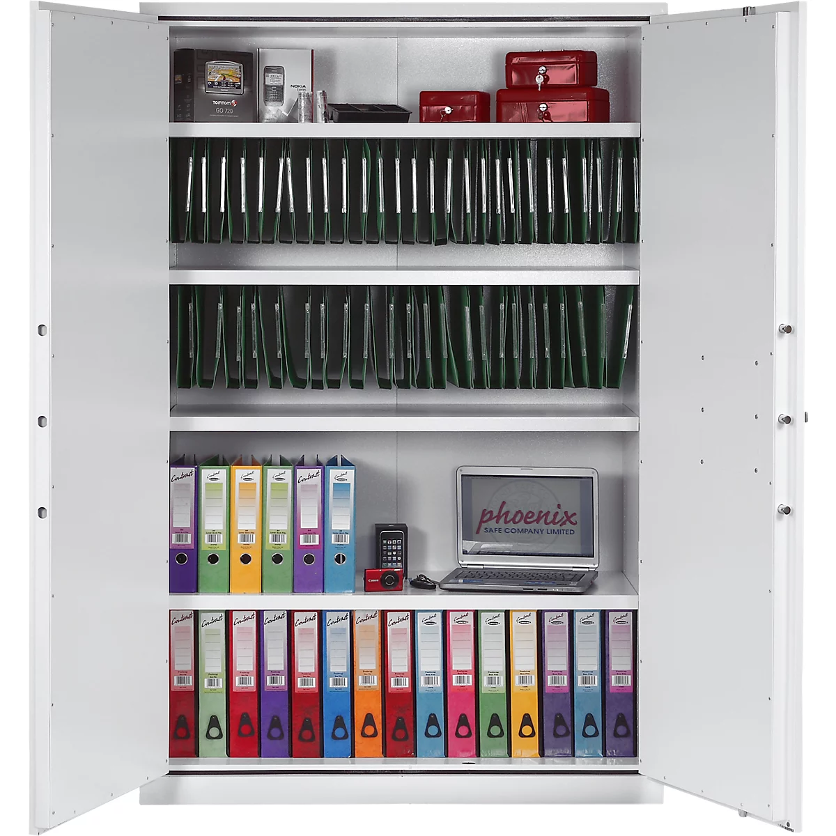 Ein weißer, offener Stahlschrank gefüllt mit Aktenordnern, Dokumenten und einem Laptop.