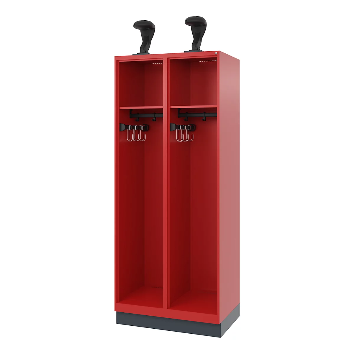 Feuerwehrspind C+P Evolo EXPERT, 2 Abteile, mit Sockel, B 800 x T 500 x H 1950 mm, RAL 3000 Feuerrot/RAL 7016 Anthrazitgrau