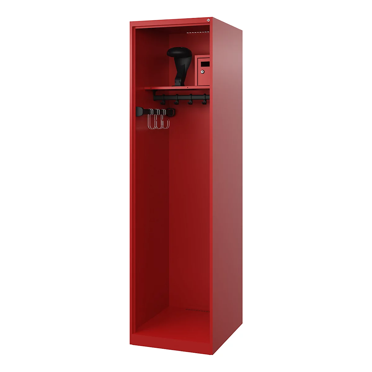 Feuerwehrspind C+P Evolo Flexo, 1 Abteil, mit Helmhalter, Bodengleiter, B 500 x T 600 x H 1850 mm, RAL 3000 Feuerrot