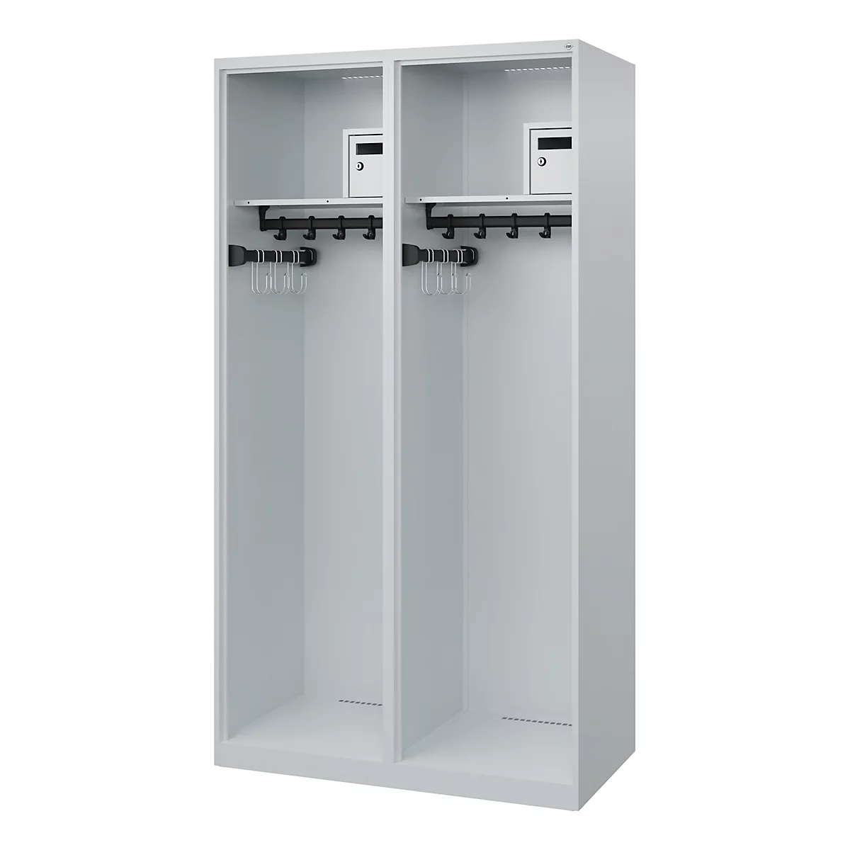 Feuerwehrspind C+P Evolo Flexo, 2 Abteile, ohne Helmhalter, Bodengleiter, B 1000 x T 500 x H 1850 mm, RAL 7035 Lichtgrau