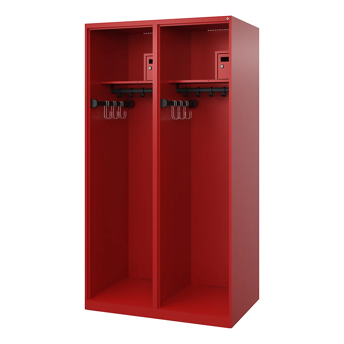 Feuerwehrspind C+P Evolo Flexo, 2 Abteile, ohne Helmhalter, Bodengleiter, B 1000 x T 600 x H 1850 mm, RAL 3000 Feuerrot