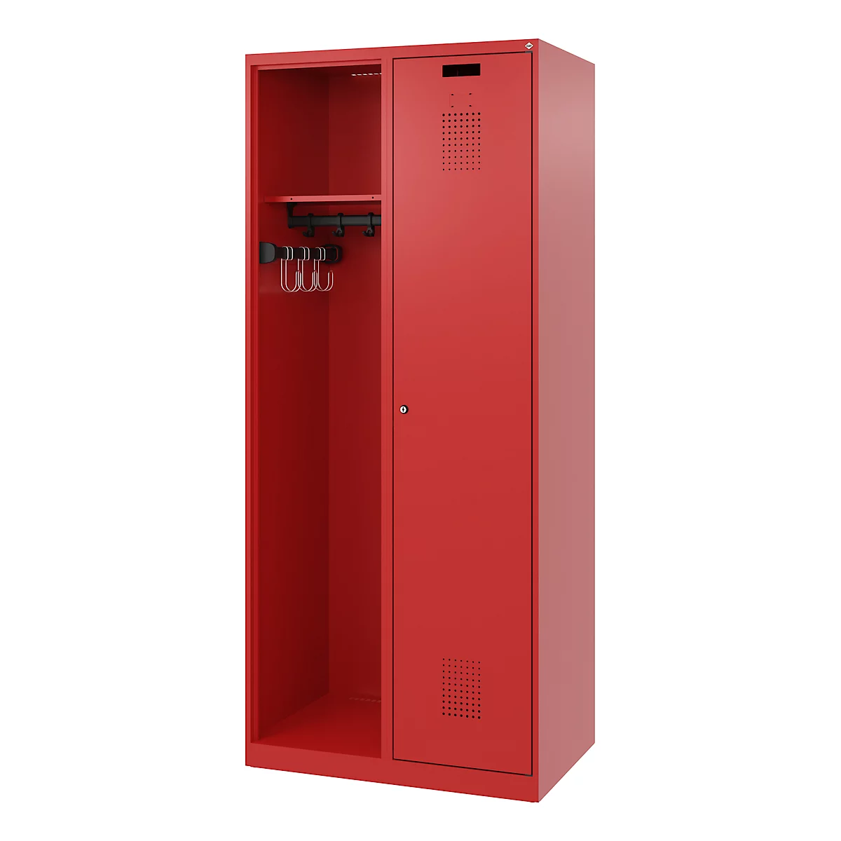 Feuerwehrspind C+P Evolo Kombi, 2 Abteile für 1 Person, ohne Helmhalter, Bodengleiter, B 800 x T 500 x H 1850 mm, RAL 3000 Feuerrot