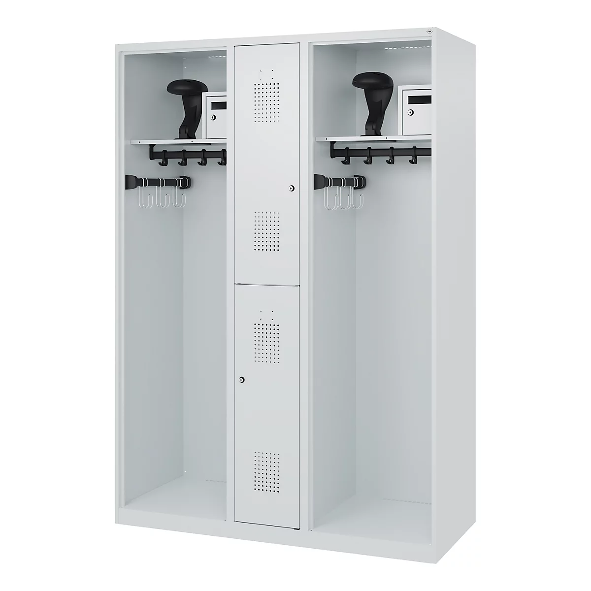 Feuerwehrspind C+P Evolo Maxi, 4 Abteile für 2 Personen, mit Helmhalter, Bodengleiter, B 1300 x T 500 x H 1850 mm, RAL 7035 Lichtgrau