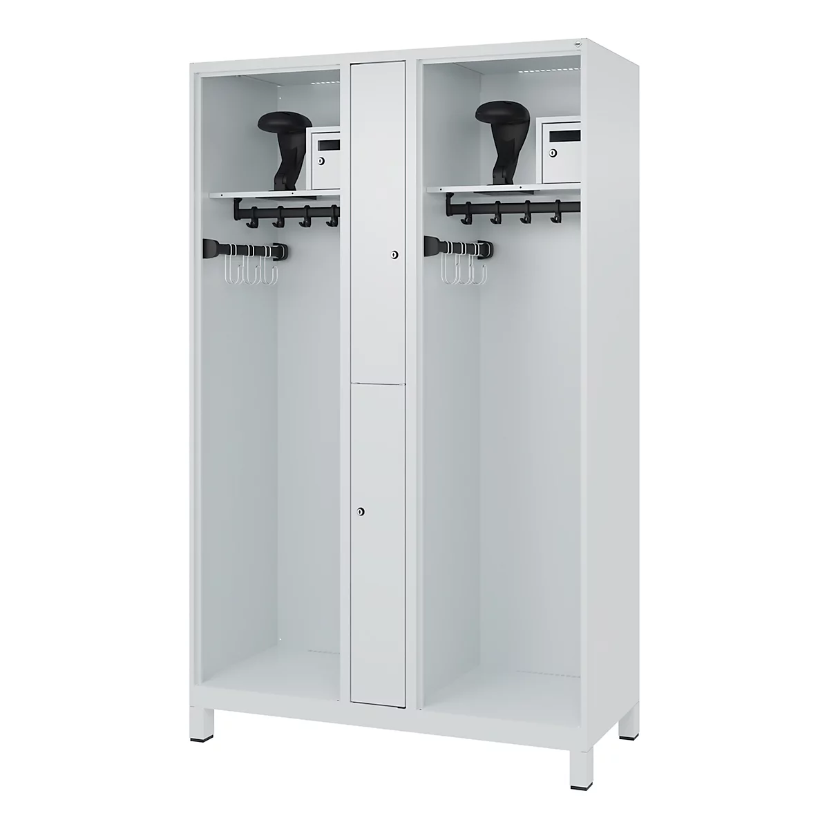 Feuerwehrspind C+P Evolo Maxi, 4 Abteile für 2 Personen, mit Helmhalter, mit Füßen, B 1200 x T 500 x H 1950 mm, RAL 7035 Lichtgrau