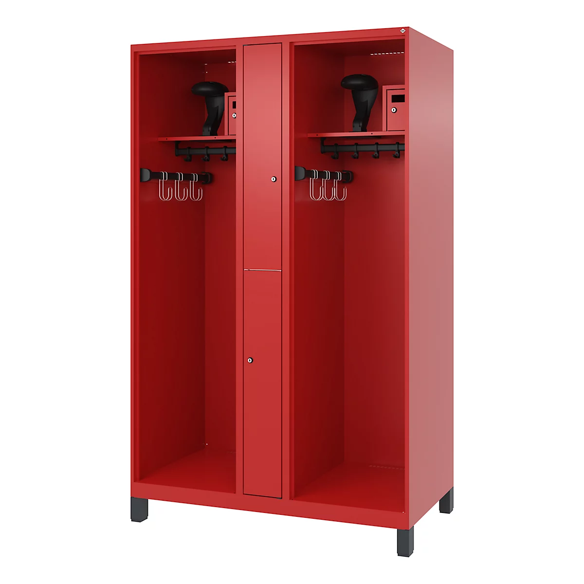 Feuerwehrspind C+P Evolo Maxi, 4 Abteile für 2 Personen, mit Helmhalter, mit Füßen, B 1200 x T 600 x H 1950 mm, RAL 3000 Feuerrot/RAL 7021 Schwarzgrau