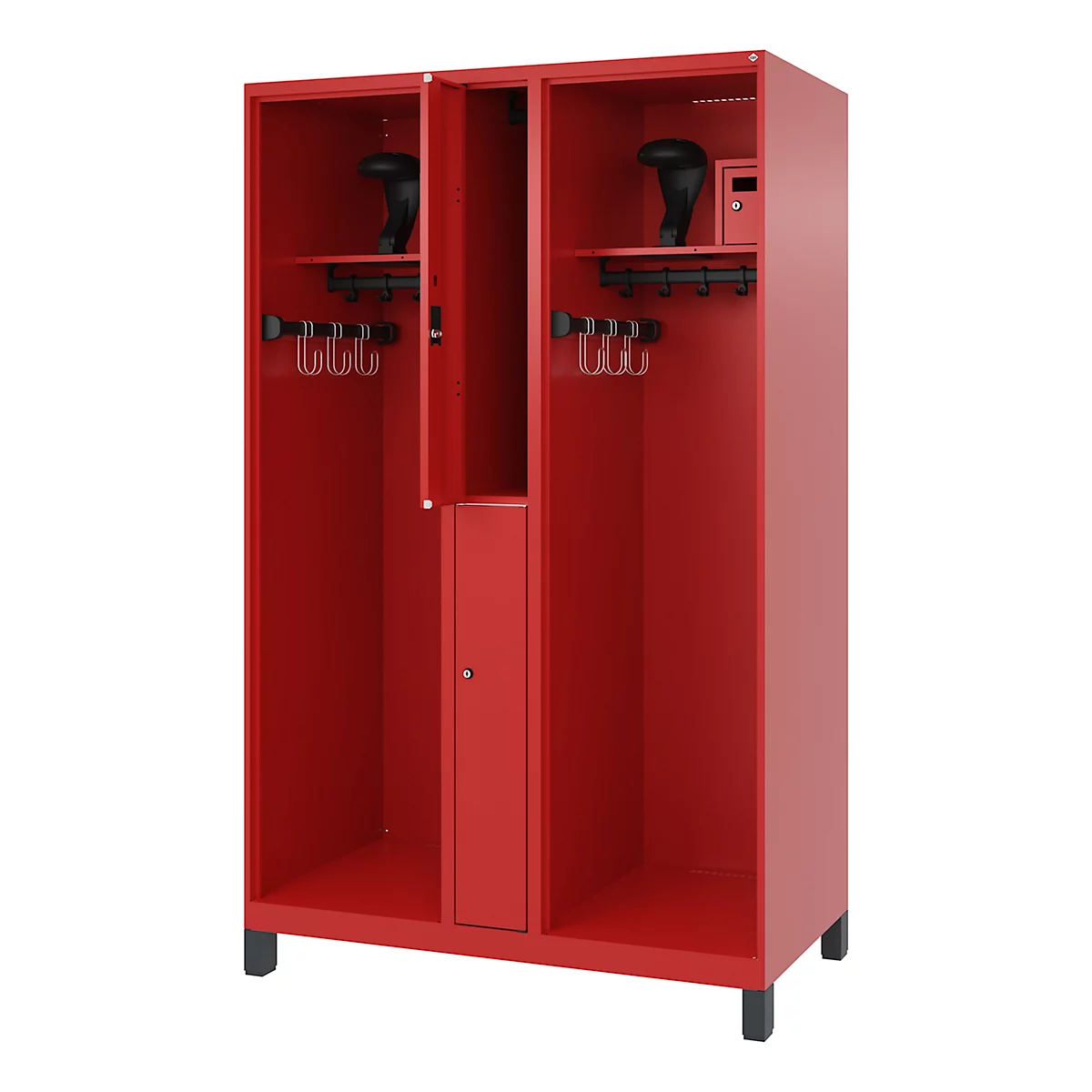 Feuerwehrspind C+P Evolo Maxi, 4 Abteile für 2 Personen, mit Helmhalter, mit Füßen, B 1200 x T 600 x H 1950 mm, RAL 3000 Feuerrot/RAL 7021 Schwarzgrau