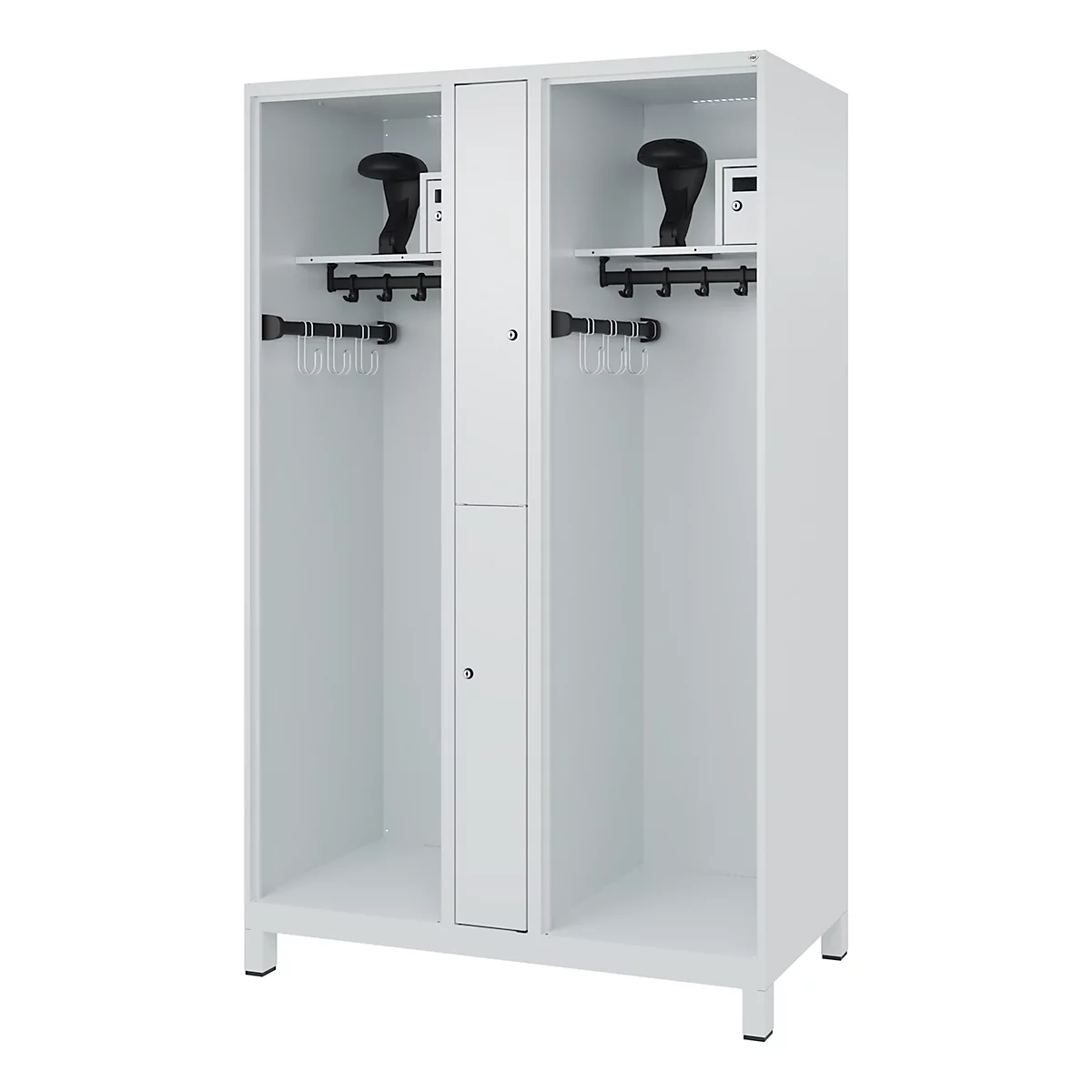 Feuerwehrspind C+P Evolo Maxi, 4 Abteile für 2 Personen, mit Helmhalter, mit Füßen, B 1200 x T 600 x H 1950 mm, RAL 7035 Lichtgrau