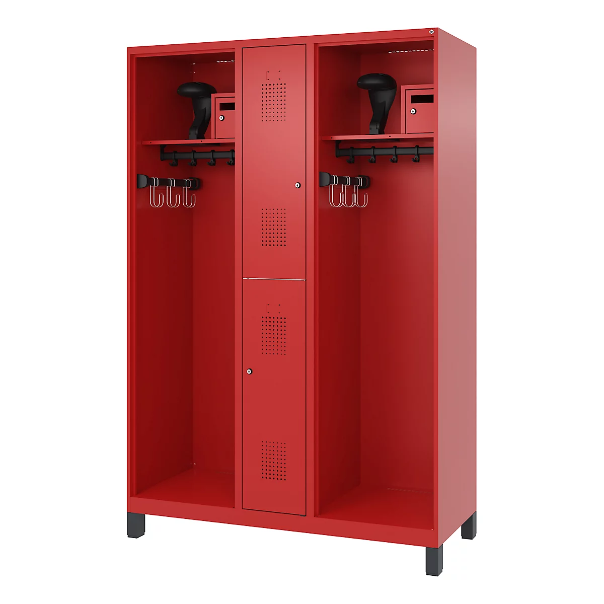 Feuerwehrspind C+P Evolo Maxi, 4 Abteile für 2 Personen, mit Helmhalter, mit Füßen, B 1300 x T 500 x H 1950 mm, RAL 3000 Feuerrot/RAL 7021 Schwarzgrau