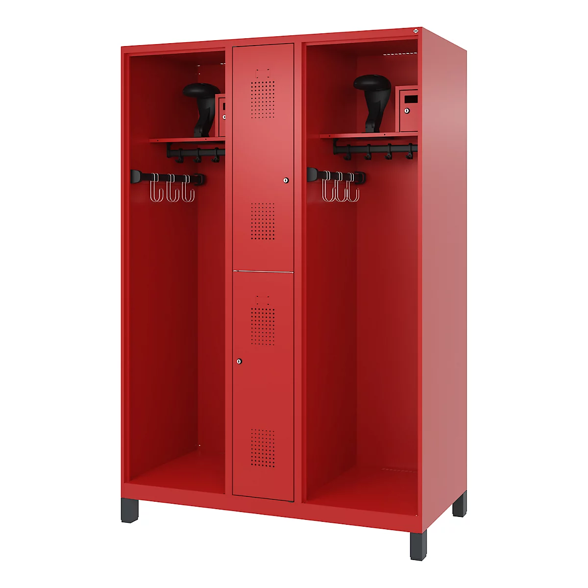 Feuerwehrspind C+P Evolo Maxi, 4 Abteile für 2 Personen, mit Helmhalter, mit Füßen, B 1300 x T 600 x H 1950 mm, RAL 3000 Feuerrot/RAL 7021 Schwarzgrau
