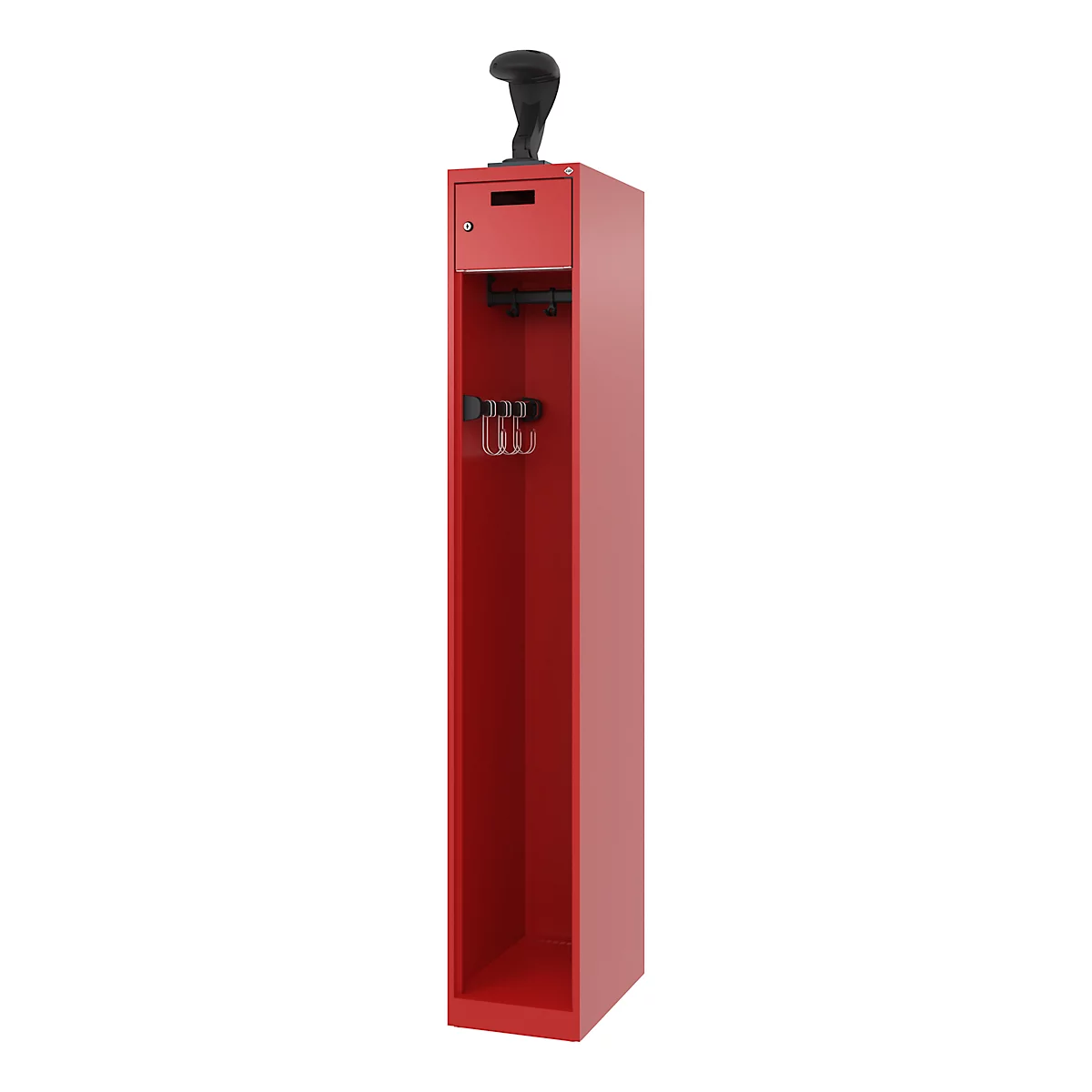 Feuerwehrspind C+P Evolo PRAKTUS, 1 Abteil, Helmhalter, mit Sockel, Bodengleiter, B 300 x T 500 x H 1850 mm, RAL 3000 Feuerrot