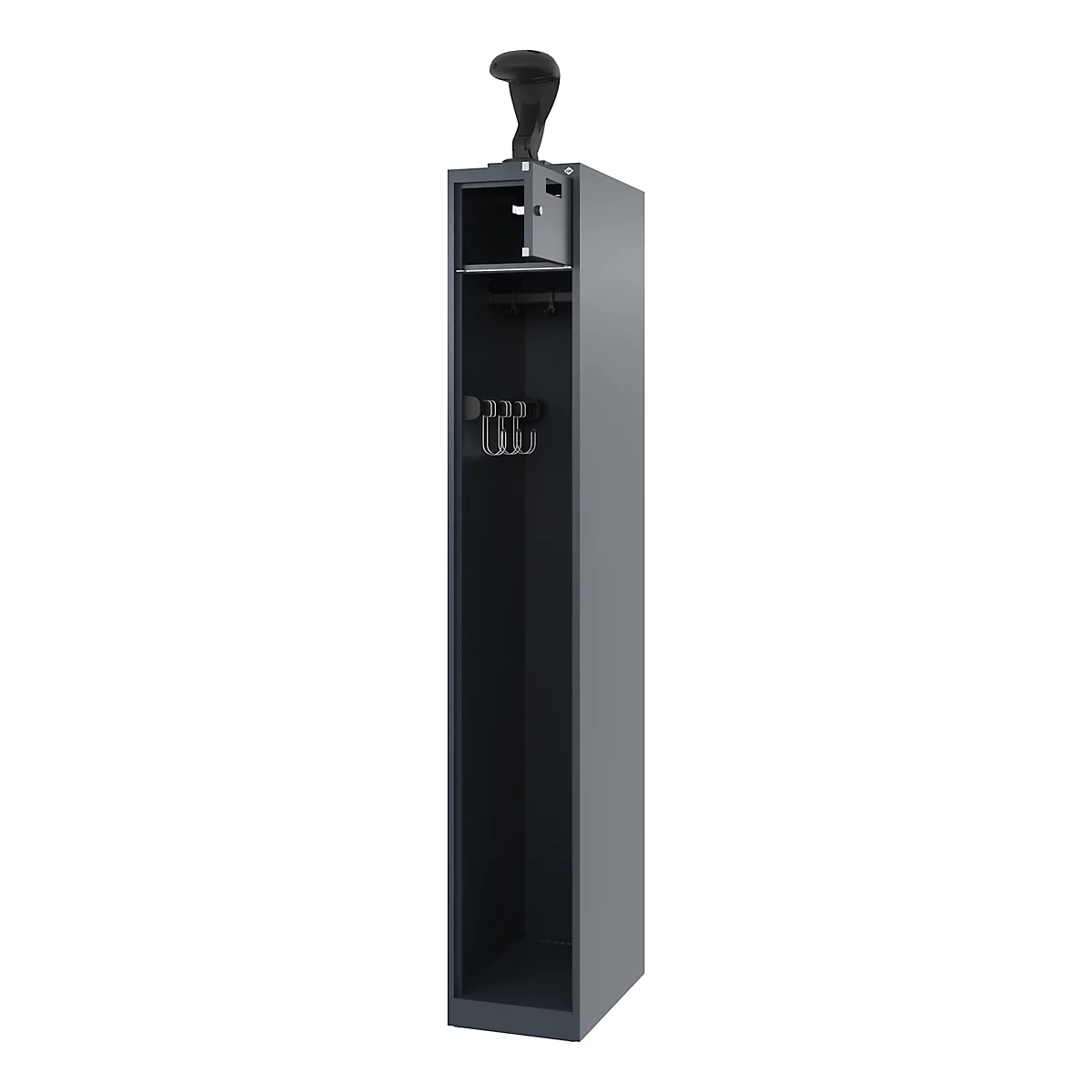 Feuerwehrspind C+P Evolo PRAKTUS, 1 Abteil, Helmhalter, mit Sockel, Bodengleiter, B 300 x T 500 x H 1850 mm, RAL 7016 Anthrazitgrau