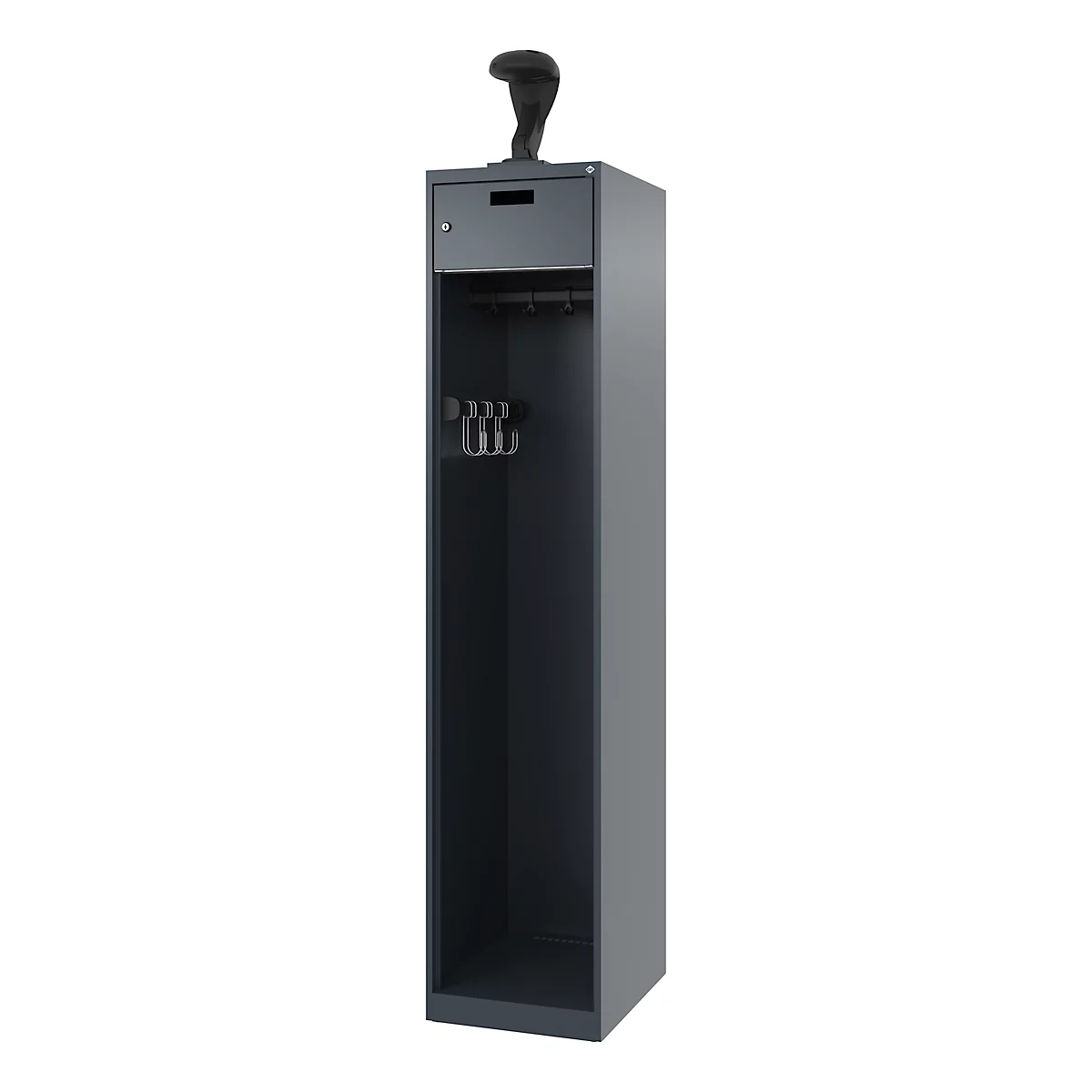 Feuerwehrspind C+P Evolo PRAKTUS, 1 Abteil, Helmhalter, mit Sockel, Bodengleiter, B 400 x T 500 x H 1850 mm, RAL 7016 Anthrazitgrau