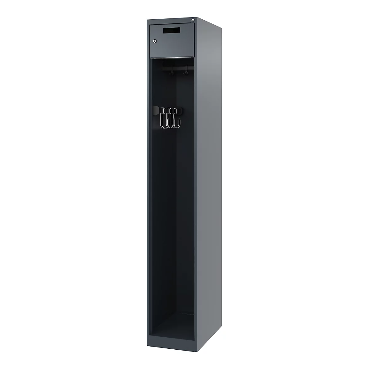 Feuerwehrspind C+P Evolo PRAKTUS, 1 Abteil, mit Sockel, Bodengleiter, B 300 x T 500 x H 1850 mm, RAL 7016 Anthrazitgrau