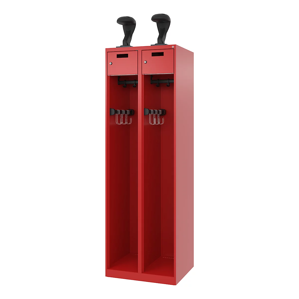 Feuerwehrspind C+P Evolo PRAKTUS, 2 Abteile, Helmhalter, mit Sockel, Bodengleiter, B 600 x T 500 x H 1850 mm, RAL 3000 Feuerrot
