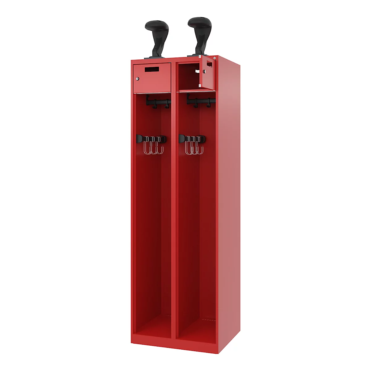 Feuerwehrspind C+P Evolo PRAKTUS, 2 Abteile, Helmhalter, mit Sockel, Bodengleiter, B 600 x T 500 x H 1850 mm, RAL 3000 Feuerrot
