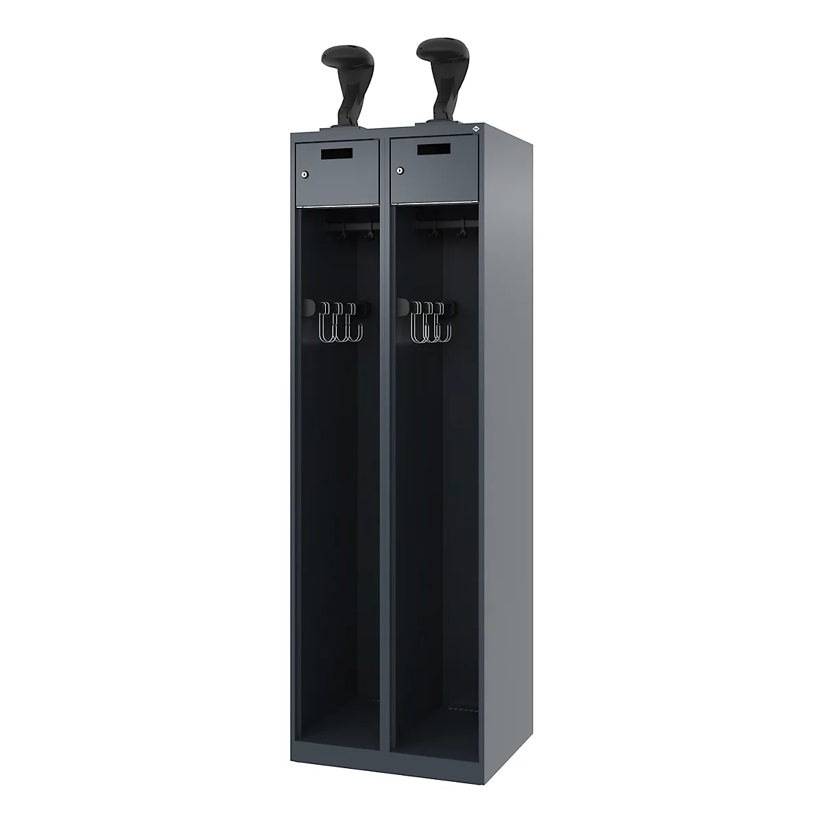 Feuerwehrspind C+P Evolo PRAKTUS, 2 Abteile, Helmhalter, mit Sockel, Bodengleiter, B 600 x T 500 x H 1850 mm, RAL 7016 Anthrazitgrau