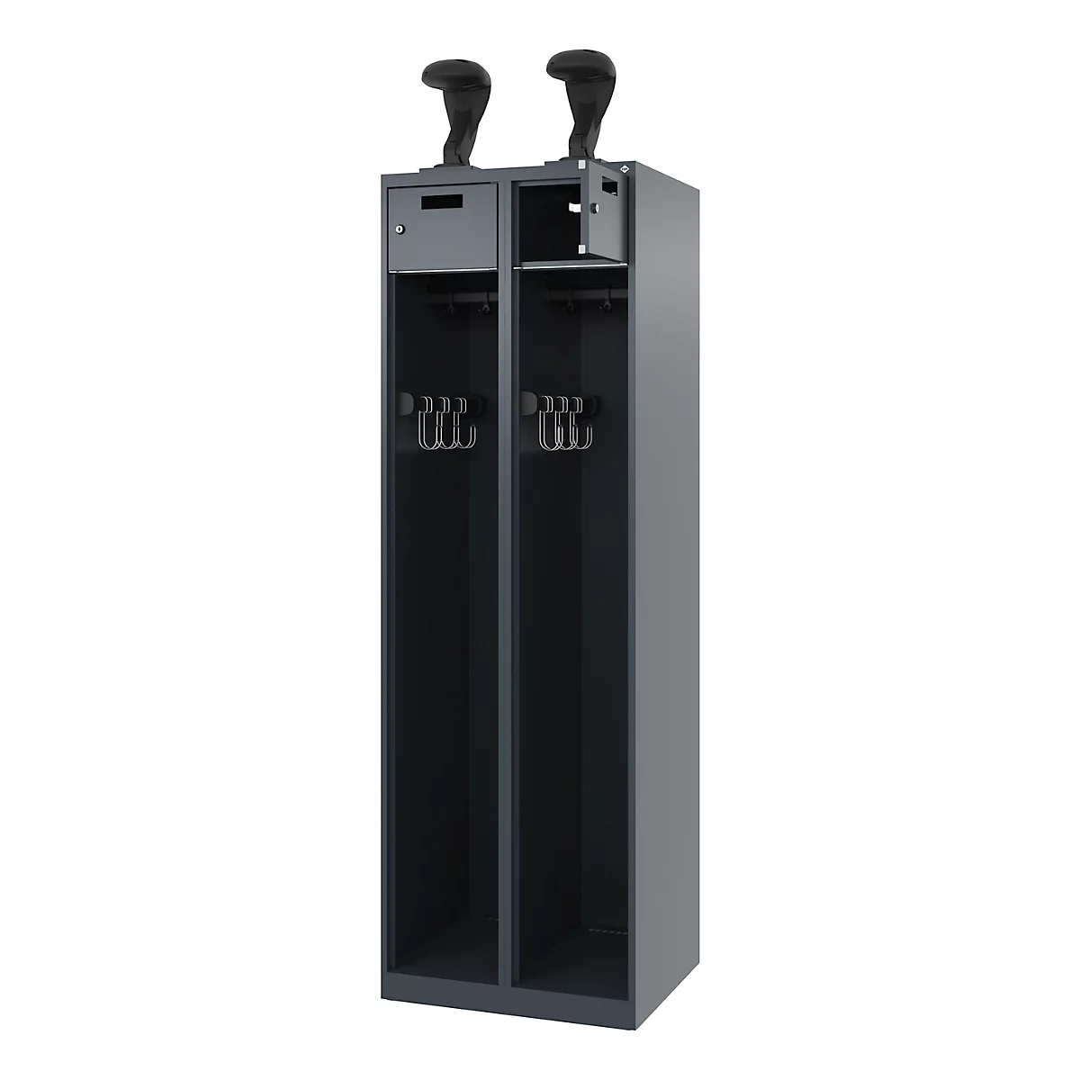 Feuerwehrspind C+P Evolo PRAKTUS, 2 Abteile, Helmhalter, mit Sockel, Bodengleiter, B 600 x T 500 x H 1850 mm, RAL 7016 Anthrazitgrau