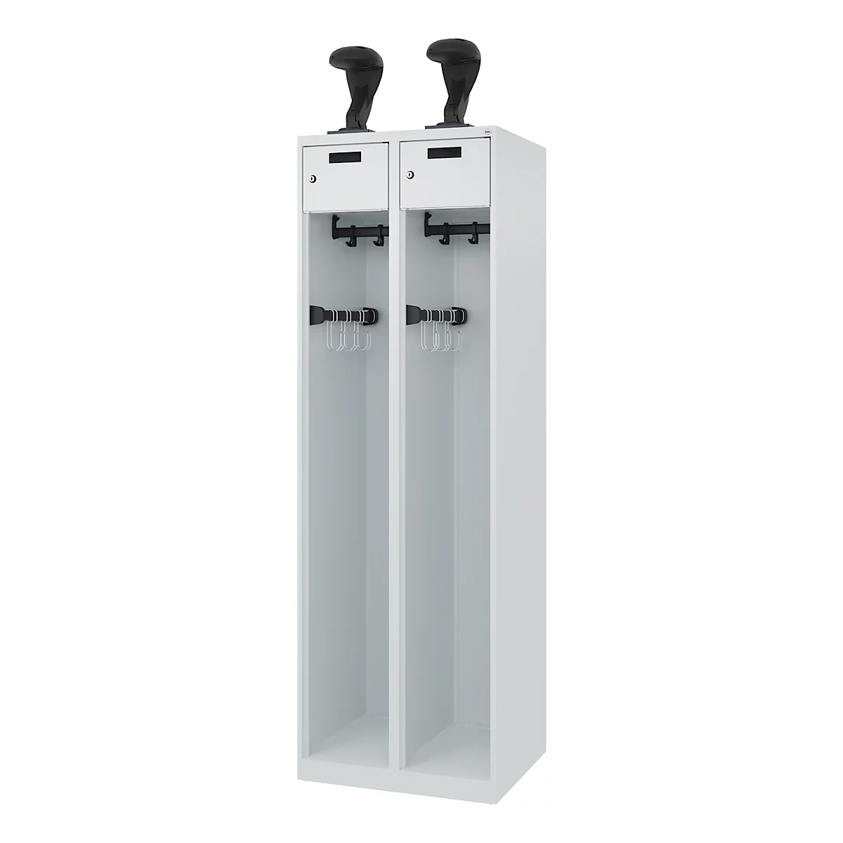 Feuerwehrspind C+P Evolo PRAKTUS, 2 Abteile, Helmhalter, mit Sockel, Bodengleiter, B 600 x T 500 x H 1850 mm, RAL 7035 Lichtgrau