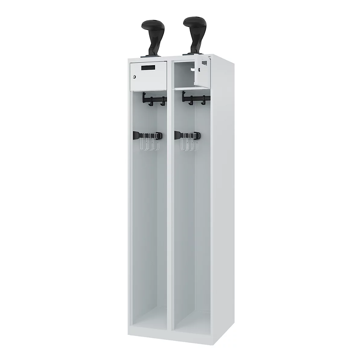 Feuerwehrspind C+P Evolo PRAKTUS, 2 Abteile, Helmhalter, mit Sockel, Bodengleiter, B 600 x T 500 x H 1850 mm, RAL 7035 Lichtgrau