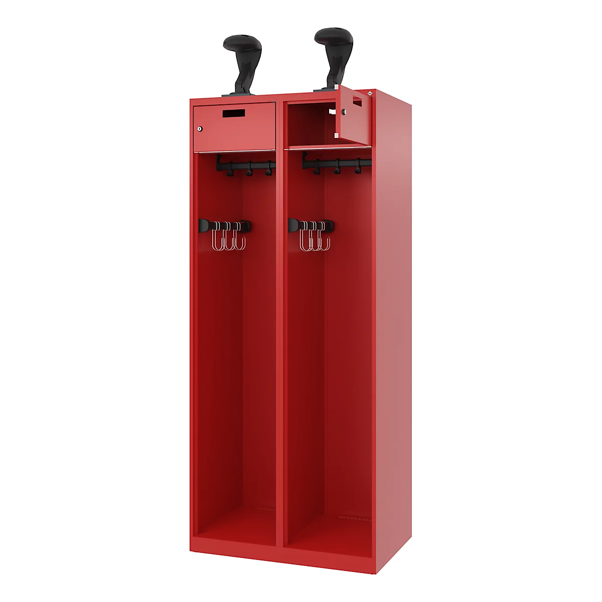 Feuerwehrspind C+P Evolo PRAKTUS, 2 Abteile, Helmhalter, mit Sockel, Bodengleiter, B 800 x T 500 x H 1850 mm, RAL 3000 Feuerrot