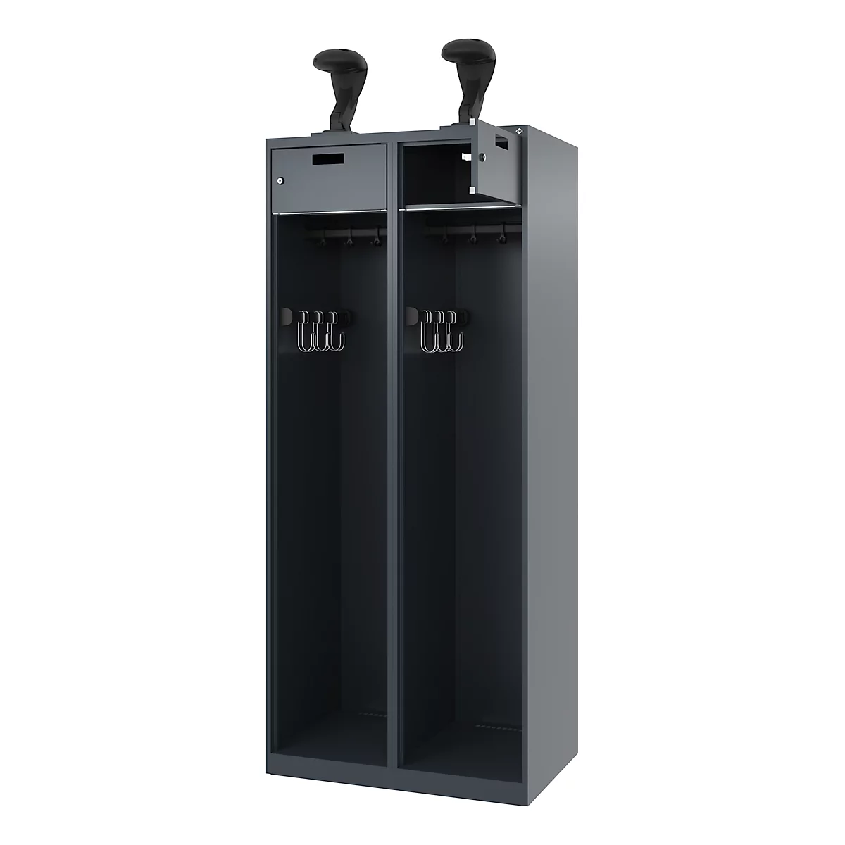 Feuerwehrspind C+P Evolo PRAKTUS, 2 Abteile, Helmhalter, mit Sockel, Bodengleiter, B 800 x T 500 x H 1850 mm, RAL 7016 Anthrazitgrau