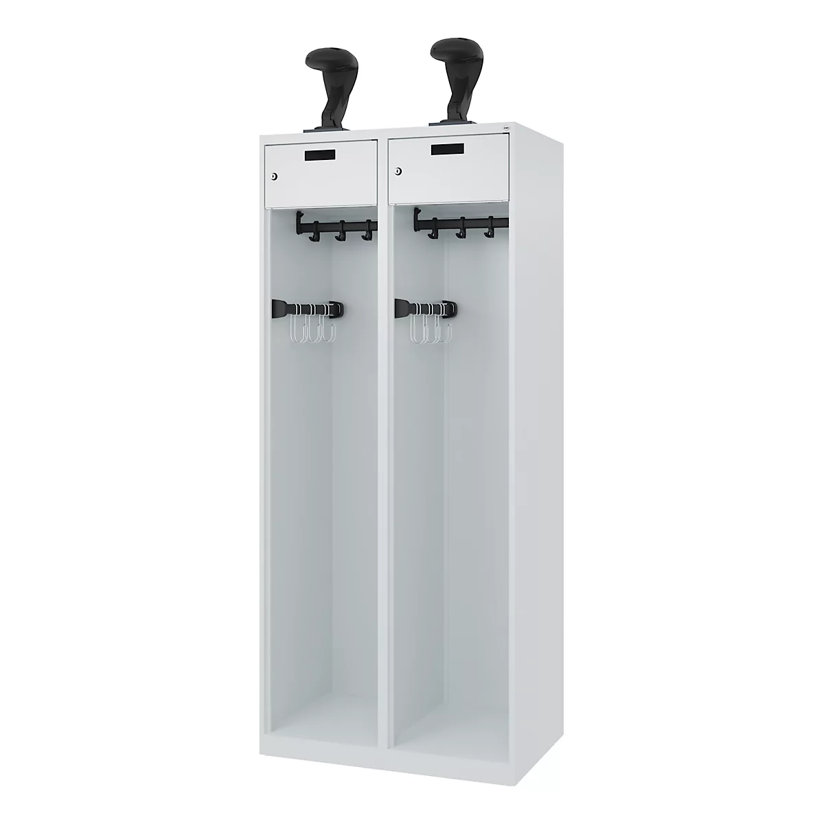 Feuerwehrspind C+P Evolo PRAKTUS, 2 Abteile, Helmhalter, mit Sockel, Bodengleiter, B 800 x T 500 x H 1850 mm, RAL 7035 Lichtgrau