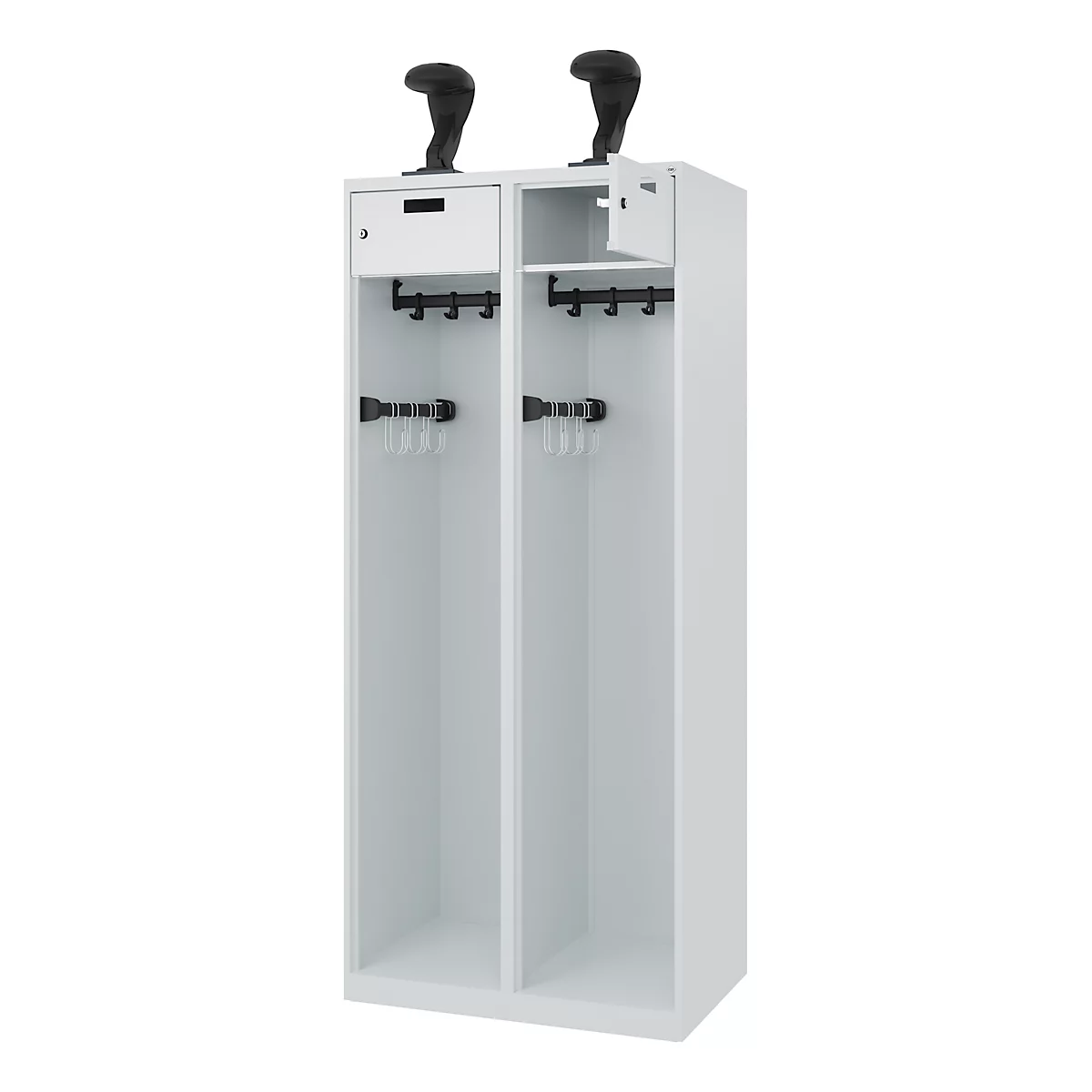 Feuerwehrspind C+P Evolo PRAKTUS, 2 Abteile, Helmhalter, mit Sockel, Bodengleiter, B 800 x T 500 x H 1850 mm, RAL 7035 Lichtgrau