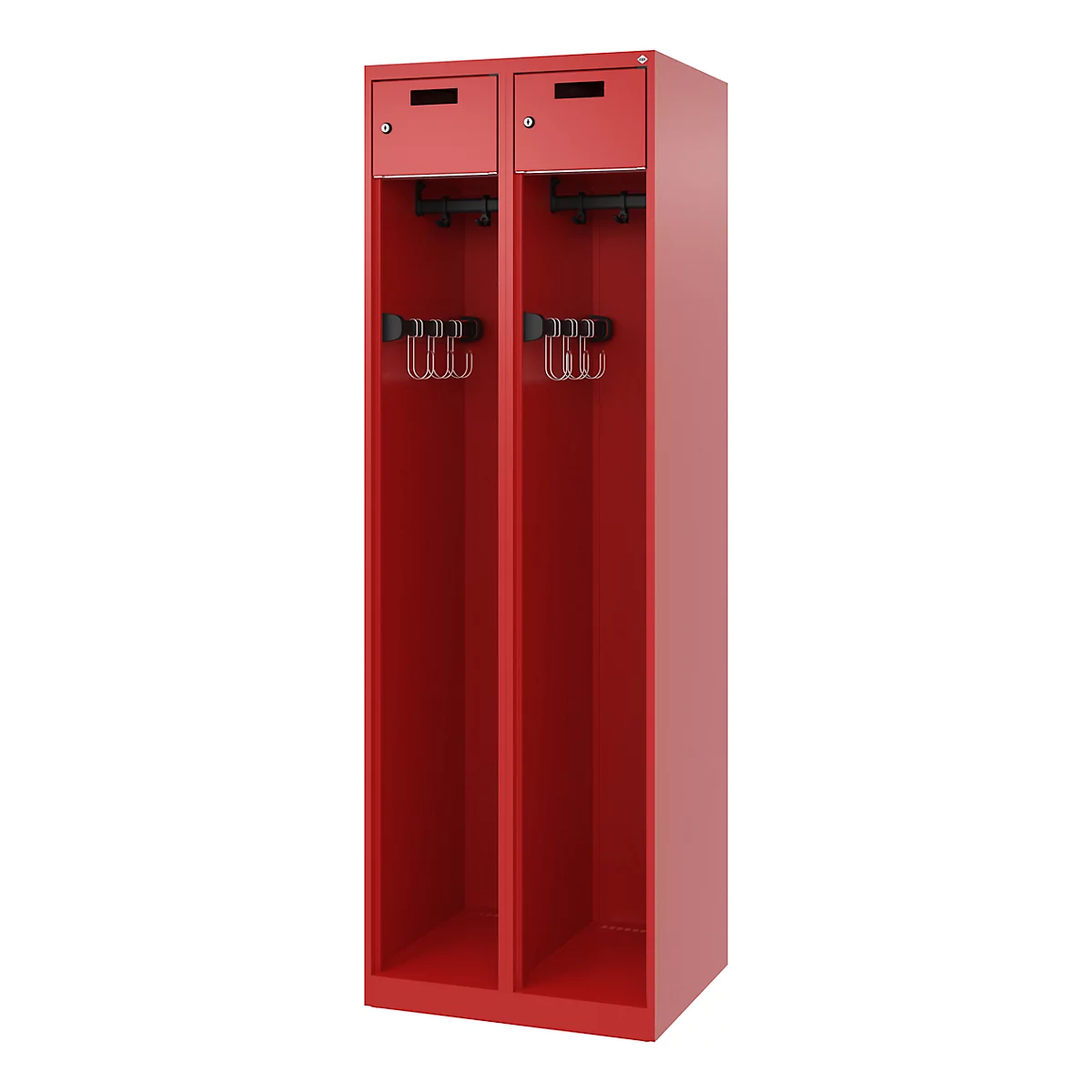 Feuerwehrspind C+P Evolo PRAKTUS, 2 Abteile, mit Sockel, Bodengleiter, B 600 x T 500 x H 1850 mm, RAL 3000 Feuerrot