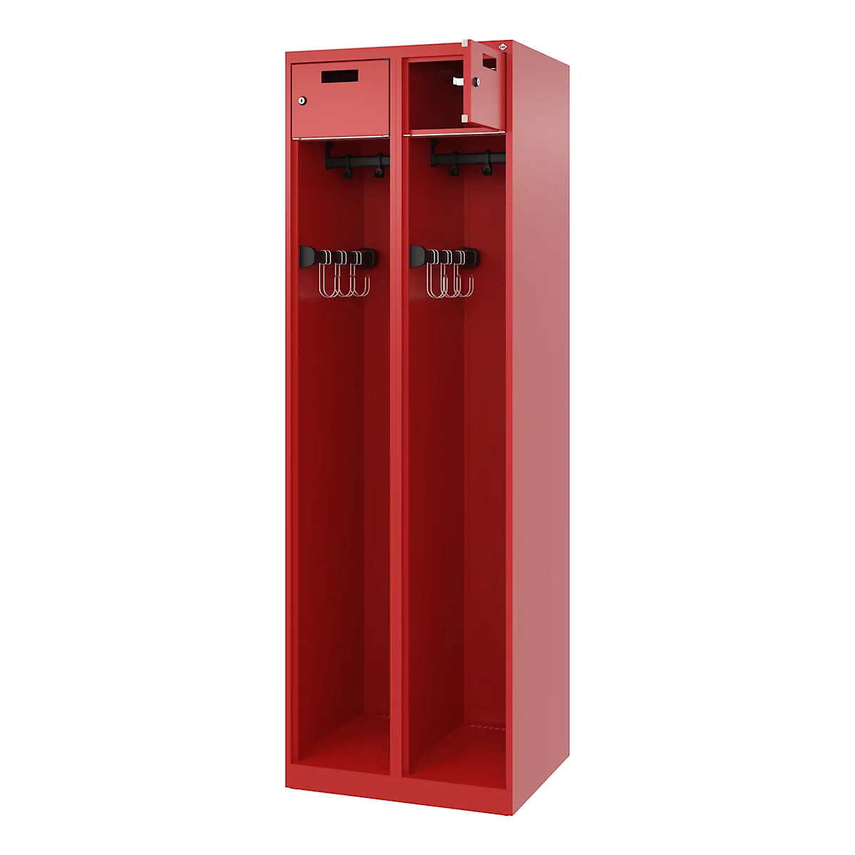 Feuerwehrspind C+P Evolo PRAKTUS, 2 Abteile, mit Sockel, Bodengleiter, B 600 x T 500 x H 1850 mm, RAL 3000 Feuerrot