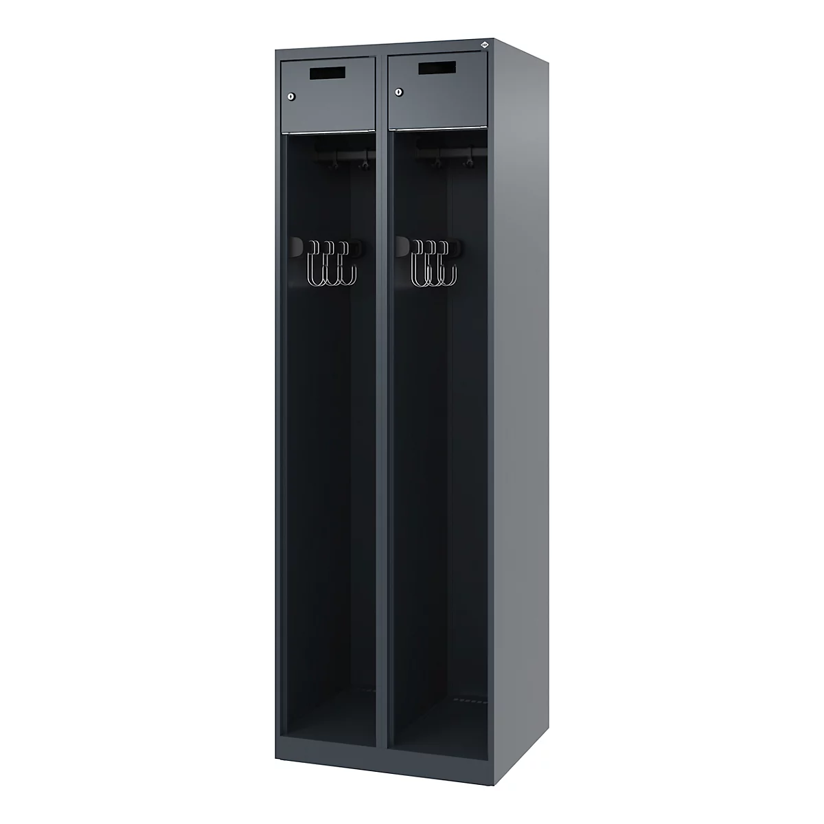 Feuerwehrspind C+P Evolo PRAKTUS, 2 Abteile, mit Sockel, Bodengleiter, B 600 x T 500 x H 1850 mm, RAL 7016 Anthrazitgrau