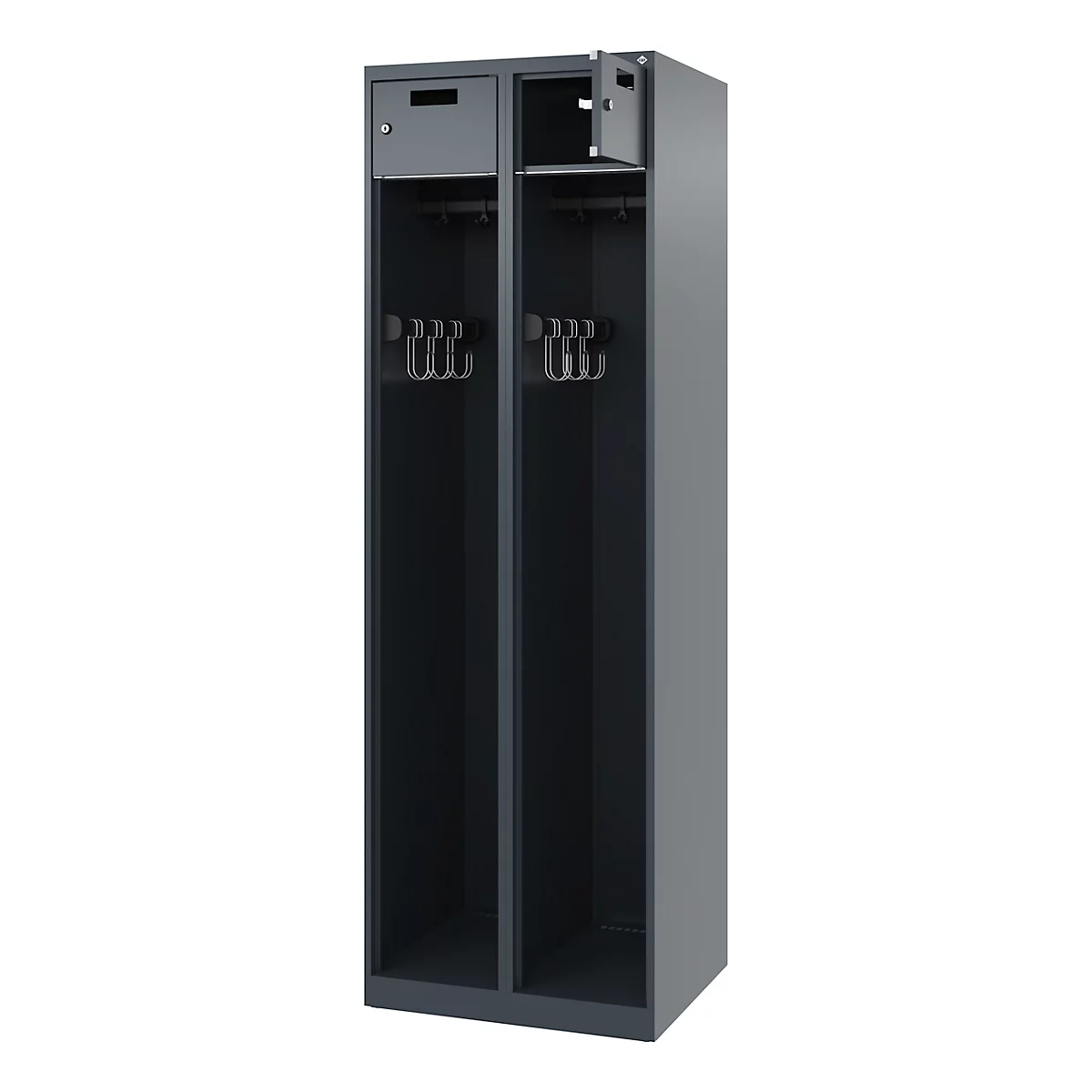 Feuerwehrspind C+P Evolo PRAKTUS, 2 Abteile, mit Sockel, Bodengleiter, B 600 x T 500 x H 1850 mm, RAL 7016 Anthrazitgrau